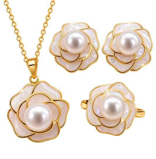 Pearl Rose Necklace, Earring & Ring Set