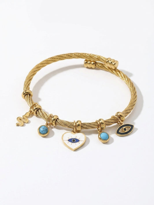 Evil Eye Charm Bangle Bracelet — Gold-Tone & Silver-Tone